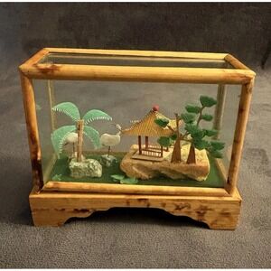 Vintage Asian Glass Diorama Pagoda Cranes Bamboo Frame 4" READ